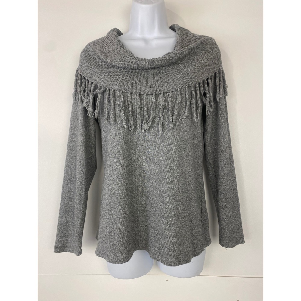 Rafaella Cowl Neck Sweater Women Medium Gray Fringe Boho Ribbed Knit Top